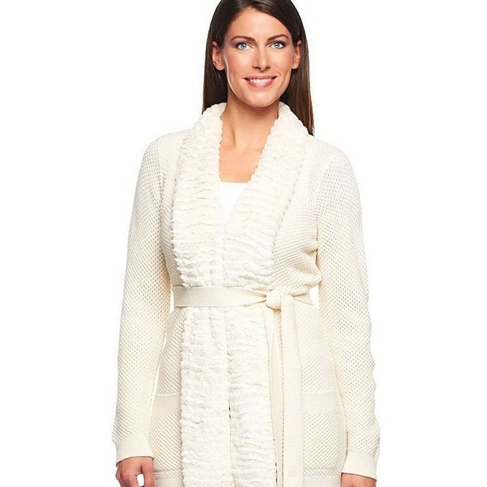 Dennis by Dennis Basso Faux Chinchilla Fur trim Belted Cardigan A229750